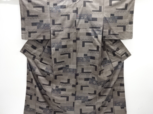 JAPANESE KIMONO / UNUSED / SILK / DORO OSHIMA TSUMUGI / WOVEN GEOMETRIC FLORAL PATTERN